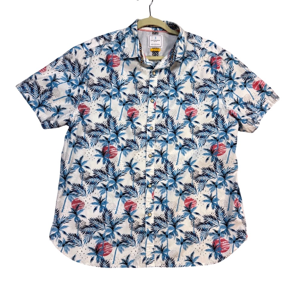 Cactus Man Button Down Shirt Mens XL White Blue Pink Excellent Tropical Slim Fit